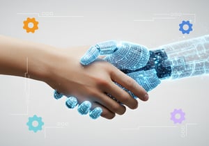 A human hand shaking an AI-generated robot hand.