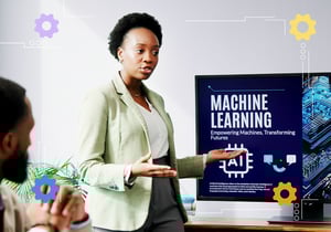 A person standing in front of a screen displaying the text Machine Learning.