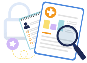 Magnifying glass looking at a medical chart with ePHI gathering information for a HIPAA audit.